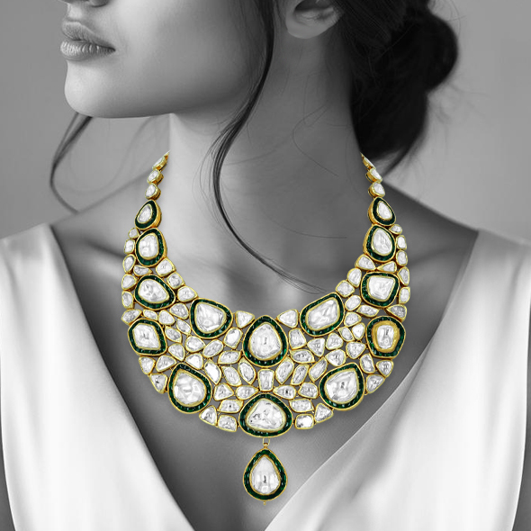 Polki Necklace with Green Chuddi Work and Teardrop Pendant